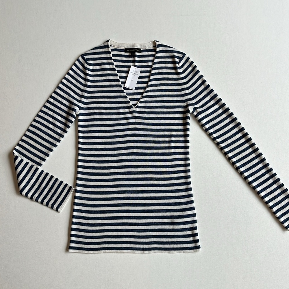 Banana Republic V-Neck Striped Skinny Ribbed Sweater- NWT- Blue- Size MEDIUM